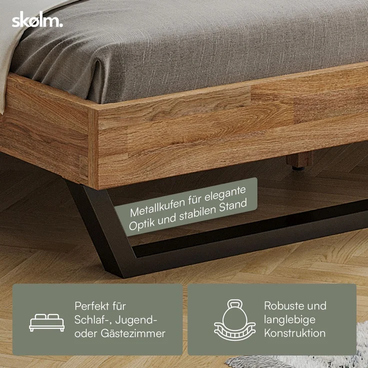 skølm 'Alver' Bett 140x200 cm, Bettgestell, natur geölt, Massivholzbett aus Eiche mit Metallkufen, Doppelbett mit durchgehendem Bettkopf – Bild 5