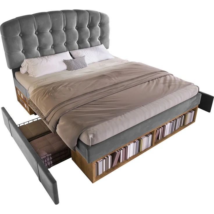 Merax Doppelbett 140x190 cm, Polsterbett mit Lattenrost, Bettgestell mit gebogenem höhenverstellbarem Kopfteil, Bett mit Schubladen und Stauraum, Samt, Grau – Bild 10