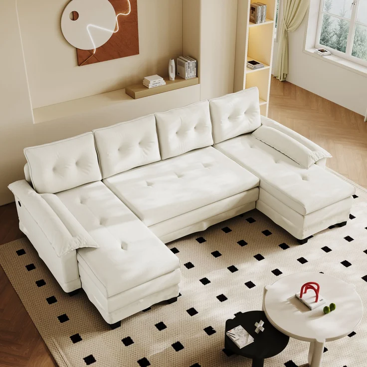 ZUBALIYA Schlafsofa 127x87 cm, mit USB - Anschluss, mit Ausziehbett, mit Chenille - Bezug, mit Samtbezug, modular aufgebaut, Weiß – Bild 4