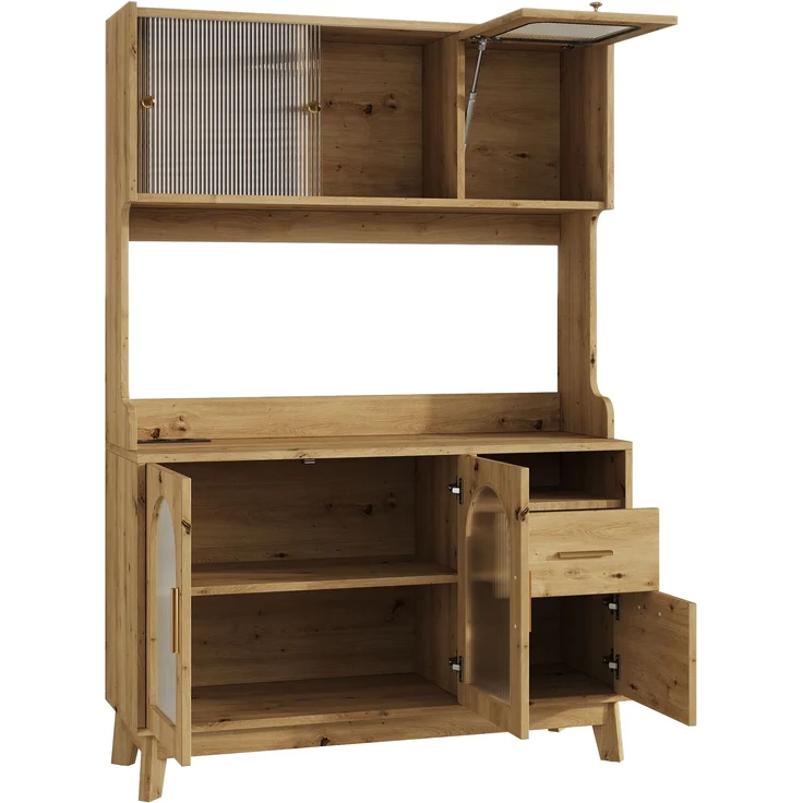 ZUBALIYA Buffetschrank 120 x 40 x 178 cm, mit Acrylglasfront, 2 Steckdosen, USB-A und USB-C, verstellbaren Einlegeböden, Holzfarben – Bild 12