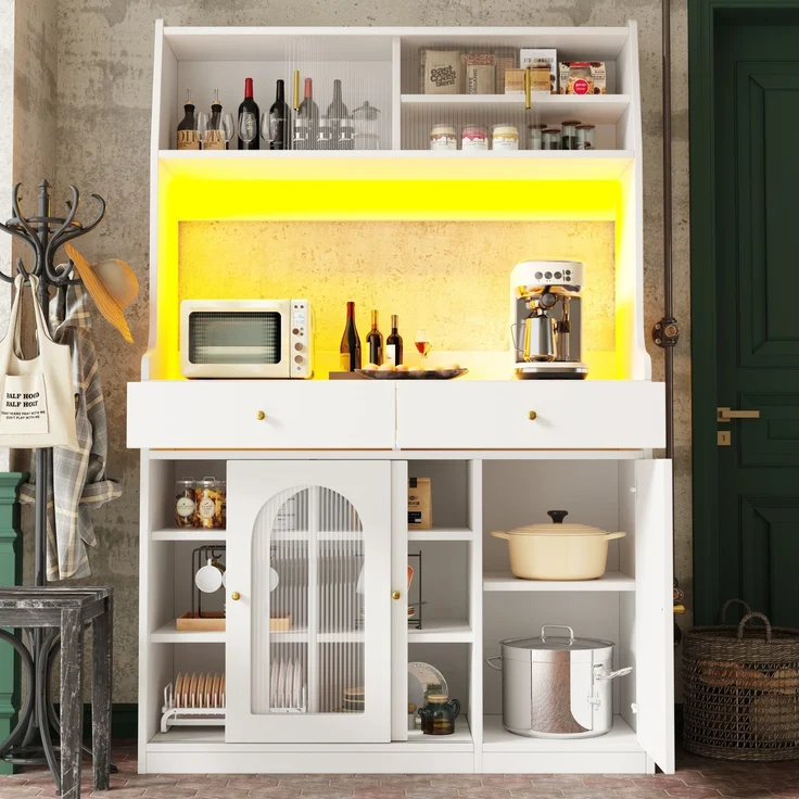 LED-Hochschrank 120×40×180 cm, App-gesteuert, Glasschiebetüren, Aluminiumgriffe, 2 Schubladen, verstellbare Einlegeböden, 180cmx120cmx40cm, Weiß – Bild 2
