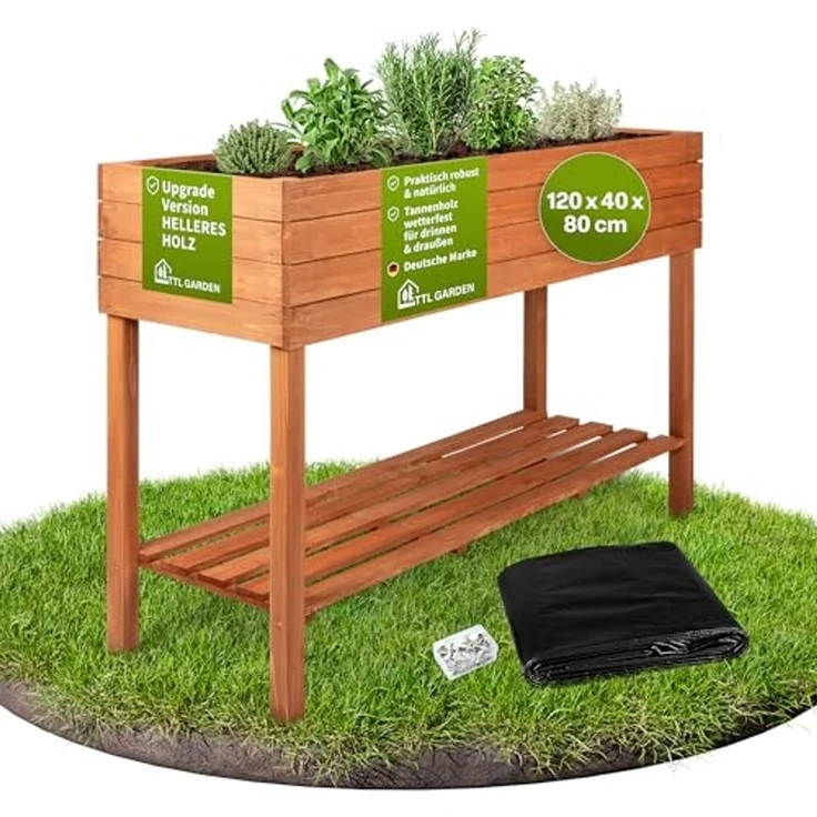 TTL GARDEN Balkon Hochbeet XL 120 x 40 x 80 cm aus Holz - Pflanzkasten & Blumenkasten mit Ablageboden & Folie - Tannenholz wetterfest - Pflanzbeet Kräuterbeet Blumenbeet für Garten Balkon Terrasse Braun – Bild 1