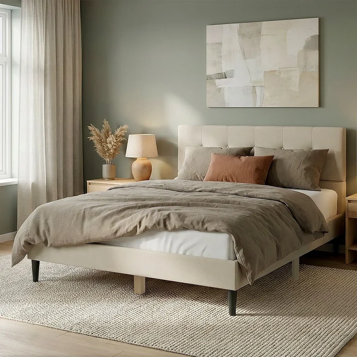 Polsterbett 140x200 cm Beige Doppelbett mit Lattenrost Stoffbett Bett Bettgestell – Bild 2