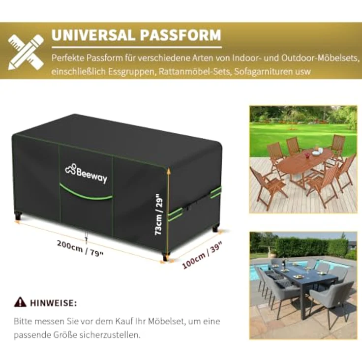 BEEWAY Gartenmöbel Abdeckung V2.0, wasserdicht, 200x100x73cm, 420D Oxford-Gewebe, Anti-UV, Winddicht, Winterfest – Bild 2