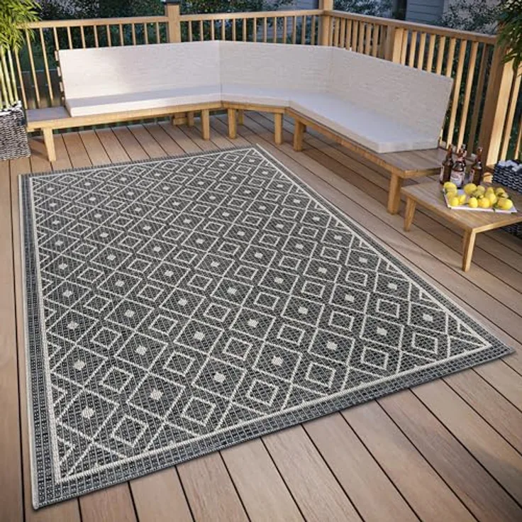 Hanse Home Lahal Outdoor Teppich Wetterfest – Modernes Geometrisches Rauten Muster, Wasserfest robuster Aussenteppich Flachgewebe für Garten, Balkon, Terrasse, Wohnzimmer – Grau Beige, 76x150cm