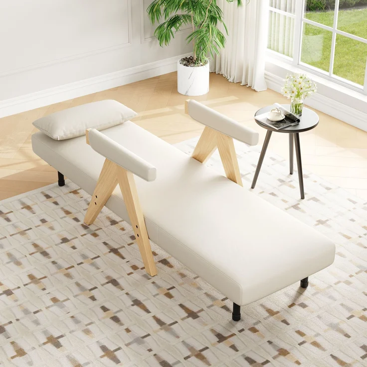 Sessel Leinen 3-in-1 verstellbar, 87 x 60 x 64 cm – Relaxsessel mit 6-stufiger Rückenlehne & Massivholzfüßen,Beige & Natur – Bild 2