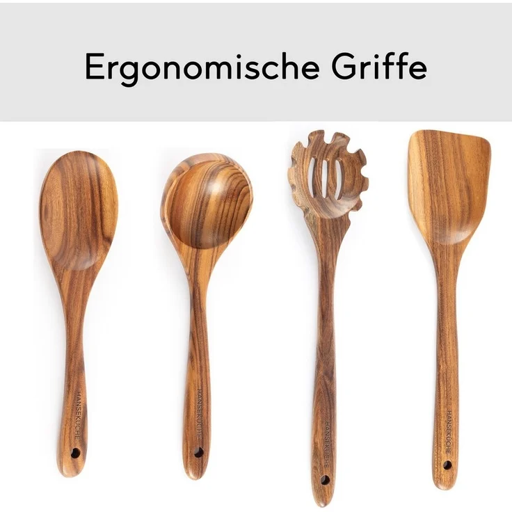 Hanseküche Küchenorganizer-Set Küchenhelfer Set, (Umfassendes Küchenset, 5-tlg, Holzlöffel und Nudelschöpfer, Grillzange, Schneebesen, Pfannenwender), Set aus Holz – Bild 3