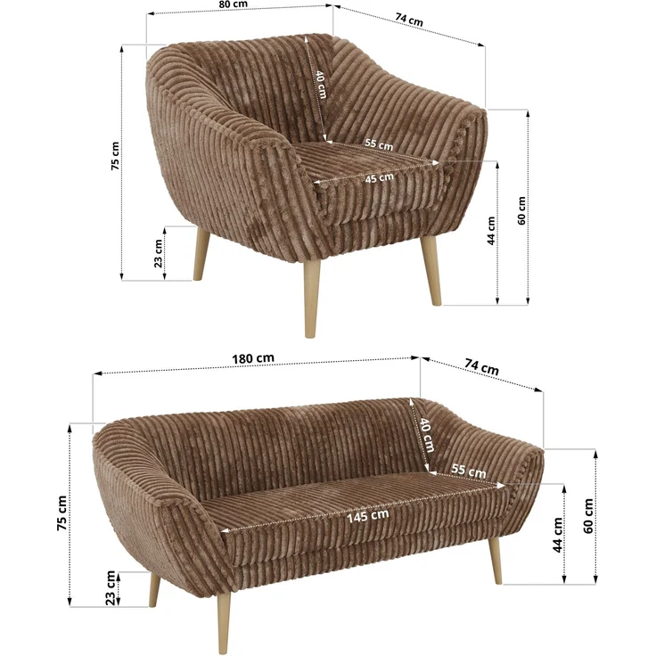 Wohnzimmerset PIRS 1-1-3, Skandinavisches 3-Sitzer Sofa mit Sesseln, Sofa mit Wellenfederung, Buche Füße, Skandinavisches Möbelset - Braun Cord – Bild 5
