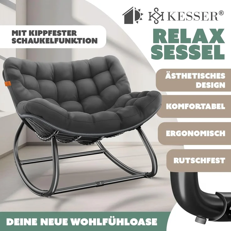 KESSER® 'XXL Chillexer' Schaukelstuhl mit Rutschfesten Füßen, für drinnen & draußen, Witterungsbeständig, Stahl / Polyester anthrazit, 100 x 100 x 85 cm – Bild 3