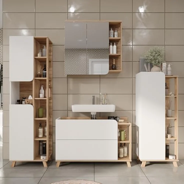 Vichy Badmöbel-Set Karen, moderne Badezimmermöbel in Sonoma/Weiß, 4 Teile mit Waschbeckenunterschrank und Spiegelschrank, hochwertige Spanplatte  – Bild 3