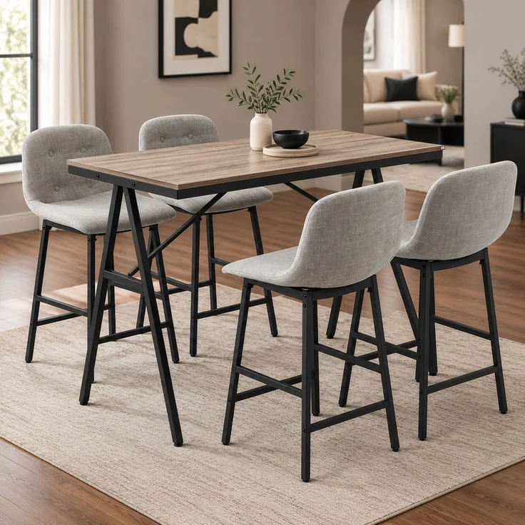 Bartisch-Set mit 4 Polsterhockern, Fußstützen, 120x60x91 cm, Hellbraun – Bild 2
