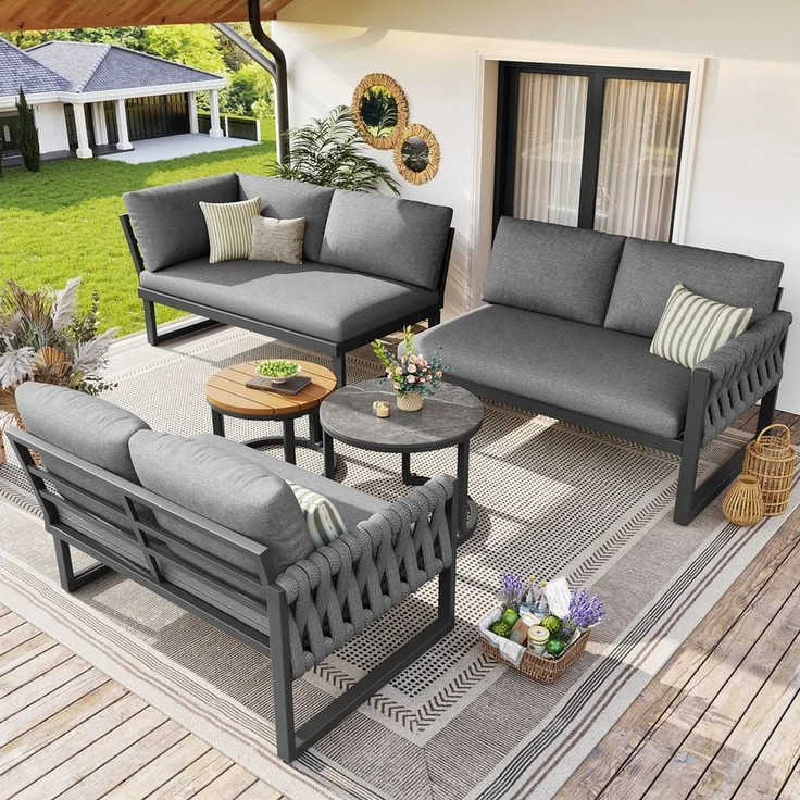 Merax Gartenlounge-Set L-förmiges Gartensofa-Set aus Eisen, (Gartenlounge Set mit verstellbaren Beinen & abnehmbaren Kissen, 5-tlg), 6-Sitzer Gartenmöbel Sitzgruppe mit Couchtische, 2-Sitzer-Sofa,Ecksofa – Bild 3