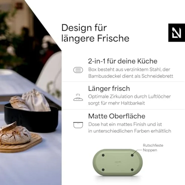 LARS NYSØM Brotkasten Ægte, Edelstahl, Metallbrotbox mit Brotsack und Bambusschneidebrett – Bild 2