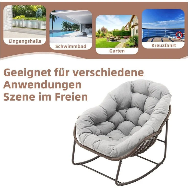 LVHOM Schaukelstuhl mit gepolstertem Kissen, Rattanstuhl mit Stahlrahmen, Lounge Sessel (Großformat B110.5cm x T94.5cm x H80cm,Dicke Kissen,160kg Tragfähigkeit, MEHRE FARBEN MEHRE OPTIONEN! Schaukelsessel umhüllendem Sitzgefühl & hoher Armlehne, 1 St),... – Bild 3
