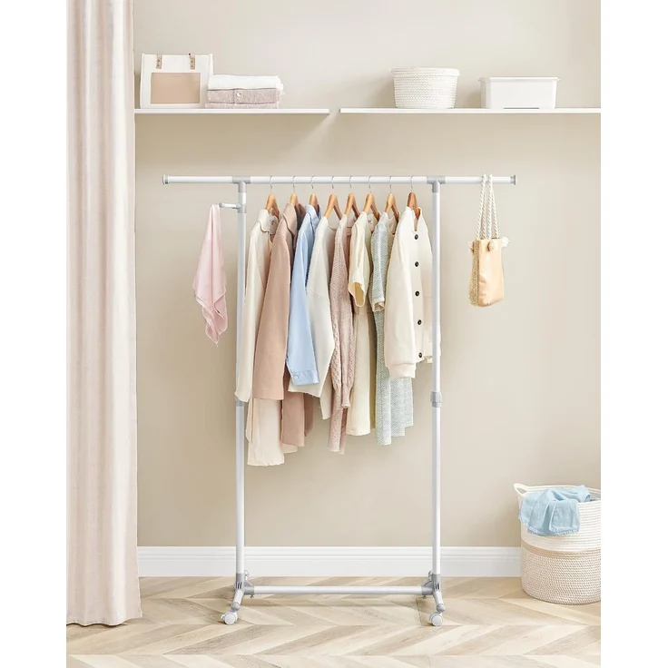 SONGMICS Kleiderständer auf Rollen, Kleiderstange, höhenverstellbar zwischen 97 und 165 cm, ausziehbare Garderobenstange, Garderobenständer, seitliche Haken für Accessoires, weiß LLR001W01 – Bild 3