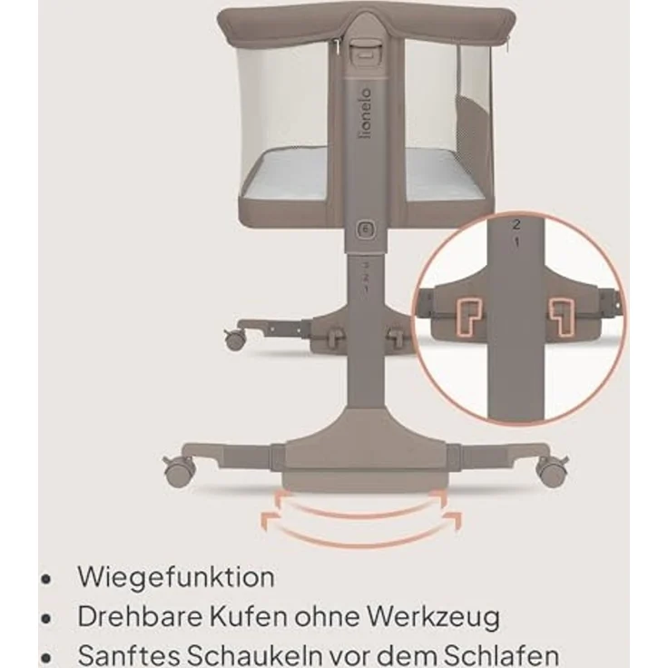 Lionelo Pari Beistellbett 3in1, 6-Fach höhenverstellbar mit Neigungsverstellung für Boxspringbett, als Wiege & Babybett, Netzseiten, Rollen mit Bremse, Matratze, Gurte, Transporttasche, 84x48 cm – Bild 4
