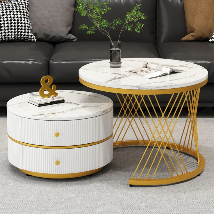 2-teiliges Couchtisch-Set mit Marmoroptik, runde Beistelltische mit Schubladen, Hochglanz Weiß, MDF Wohnzimmertische Set – Bild 6