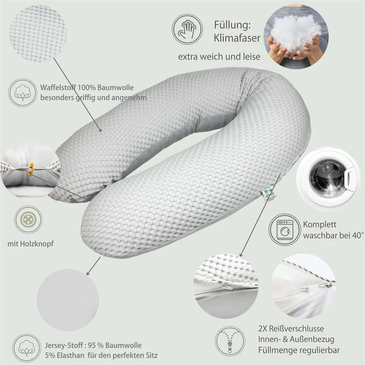 sei Design XXL Stillkissen ergonomisch 190x30, Schwangerschaftskissen Seitenschläferkissen Komfortkissen Erwachsene, Stillkissen-Bezug aus Jersey und Waffelstoff, Pregnancy Pillow Baby – Bild 2