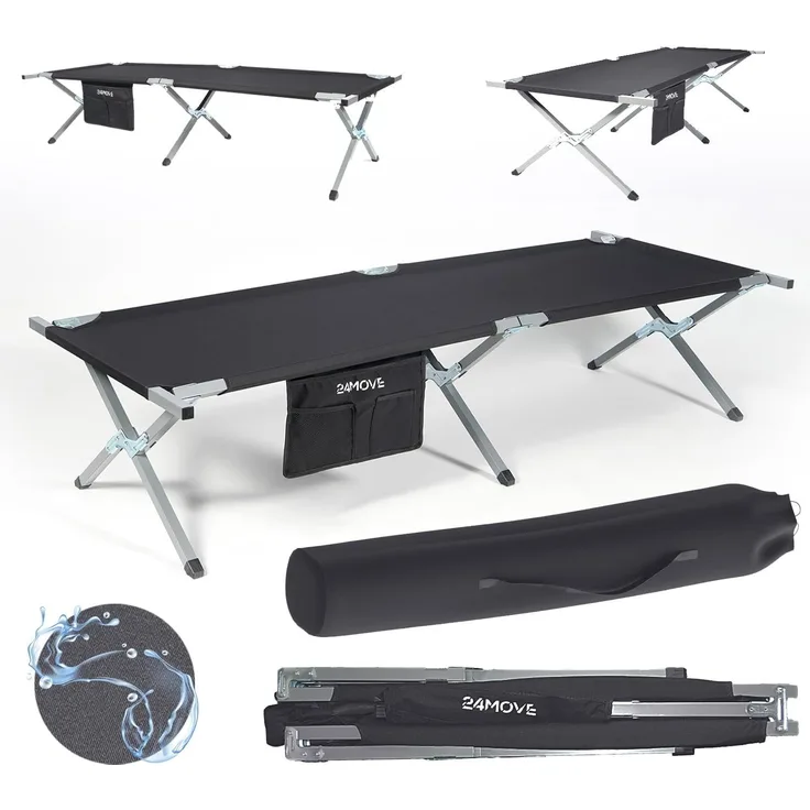 24Move Feldbett Feldbett, Gartenliege, Campingbett bis 200 kg, klappbar, zelten (schwarz, wasserabweisend, inkl. Seitentasche, 210 cm x 72 cm x 45 cm, inkl. Tragetasche für einfachen Transport)