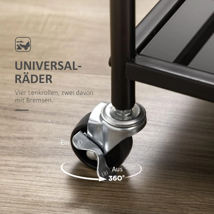 HOMCOM Servierwagen Rollwagen mit 4 Rollen, 2 Ablagen und Griffen, (Küchentrolley, 1 St, Küchenwagen), Schwarz 75 x 40 x 80 cm – Bild 5