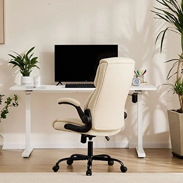 Sweetcrispy Bürostuhl, Ergonomisches Pu-Leder Chefsessel, mit Hochklappbaren Armlehnen, Bürostuhl Leder mit Drehbaren Rädern, Geeignet für Büros, Zuhause und Andere Umgebungen (Weiß) – Bild 2