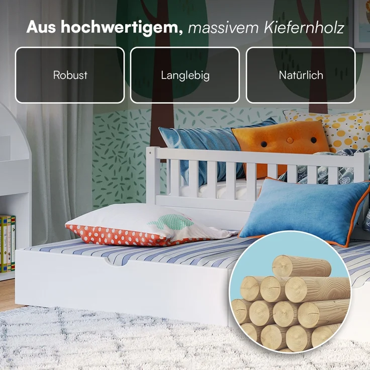 Bellabino 'Vils' Kinderbett 90x200 cm mit Gästebett 90x190 cm, weiß, Kiefer Massivholz, Montessori Bett mit Ausziehbett, mit abnehmbarem Rausfallschutz und Lattenrost – Bild 6