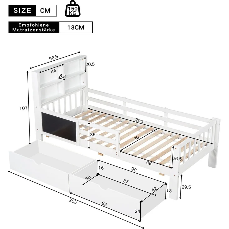 Kinderbett mit Rausfallschutz, Lattenrost und Schubladen, 90x200 cm, Jugendbett, Kiefer – Bild 5