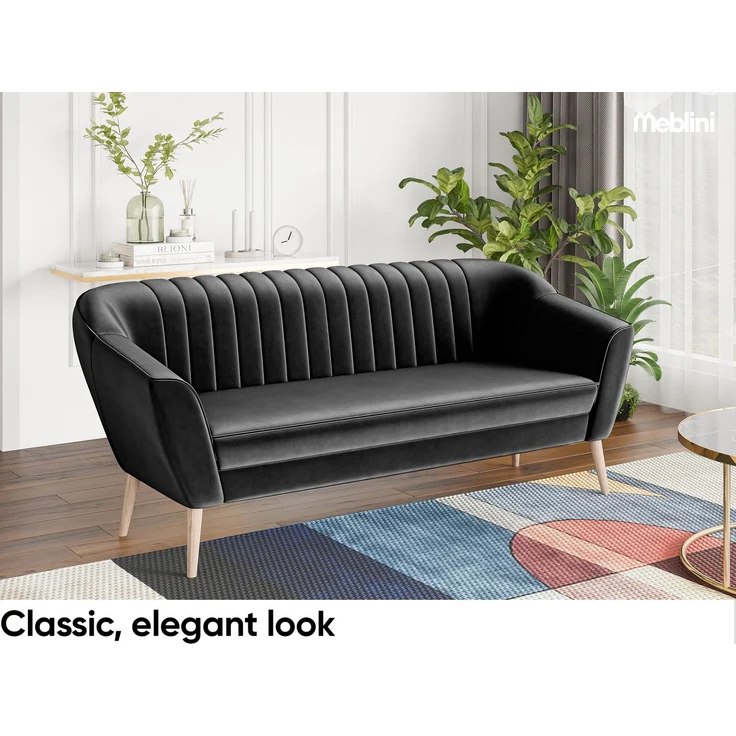 MEBLINI Sofa-Set KAIA 3+1+1 - Schwarz Samt - für Wohnzimmer - Mini Lounge für fünf Personen - Küchensofa - Sofa Klein - Sitzgarnitur - Polstergarnitur - Sofagarnituren – Bild 3
