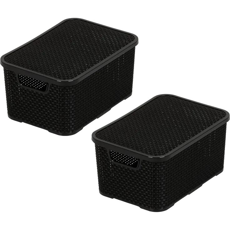 BranQ - Home essential Korb mit Deckel in Rattan Design 2er Set Grösse M 10 l, BPA-frei Kunststoff PP, Schwarz, 28,8 x 19,7 x 16,2 cm, 2 Stk.