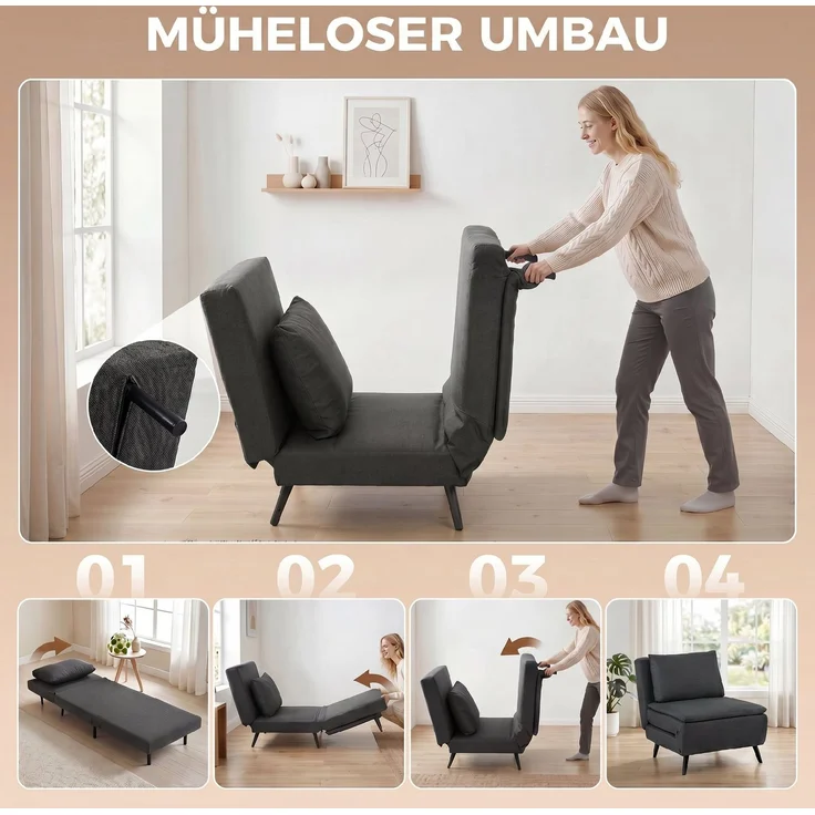 Schlafsessel, 3-in-1 Klappbarer Leinen-Schlafsessel mit verstellbarer Rückenlehne, S-Federn, Metallbeinen, Dunkelgrau--Dunkelgrau--90x89x79cm--YOUDENOVA – Bild 6