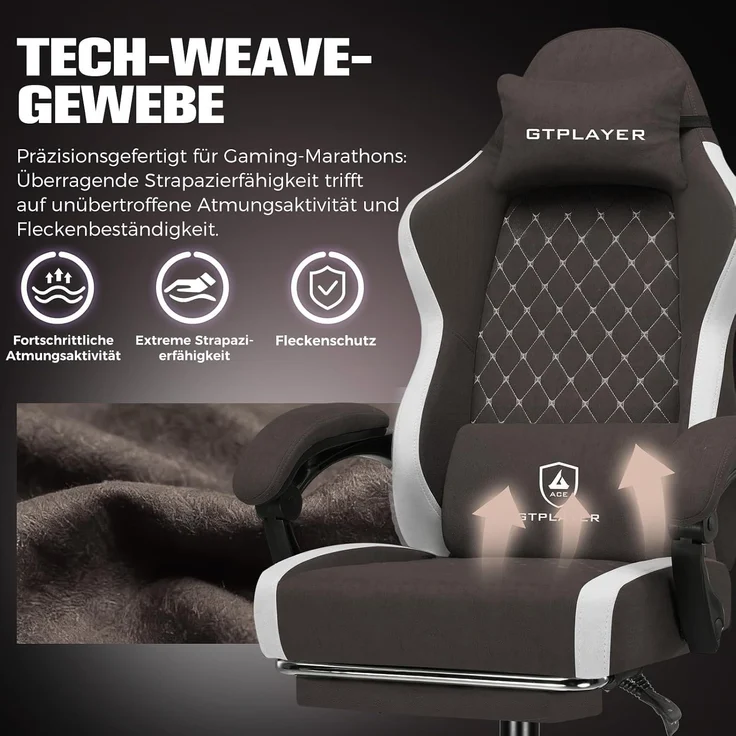 GTPLAYER Gaming Stuhl Ergonomischer, PC Stuhl Atmungsaktiver Stoff, Groß und Hoch Drehbarer Schreibtischstuhl mit Fußstütze,Verstellbare Lendenwirbelstütze und Kopfstütze,Braun – Bild 9
