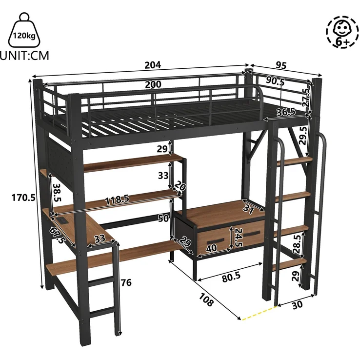 Hochbett 90x200 cm mit Schreibtisch, LED-Lichtleiste, USB-Anschluss und Stauraum, Schwarz – Ohne Matratze – Bild 5
