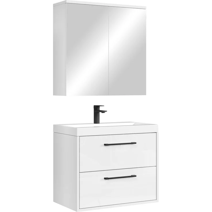 Badmöbel Komplettset Florence 60 x 35 cm Weiß Hochglanz - Badezimmermöbel mit Waschbecken und Spiegelschrank – Bild 1