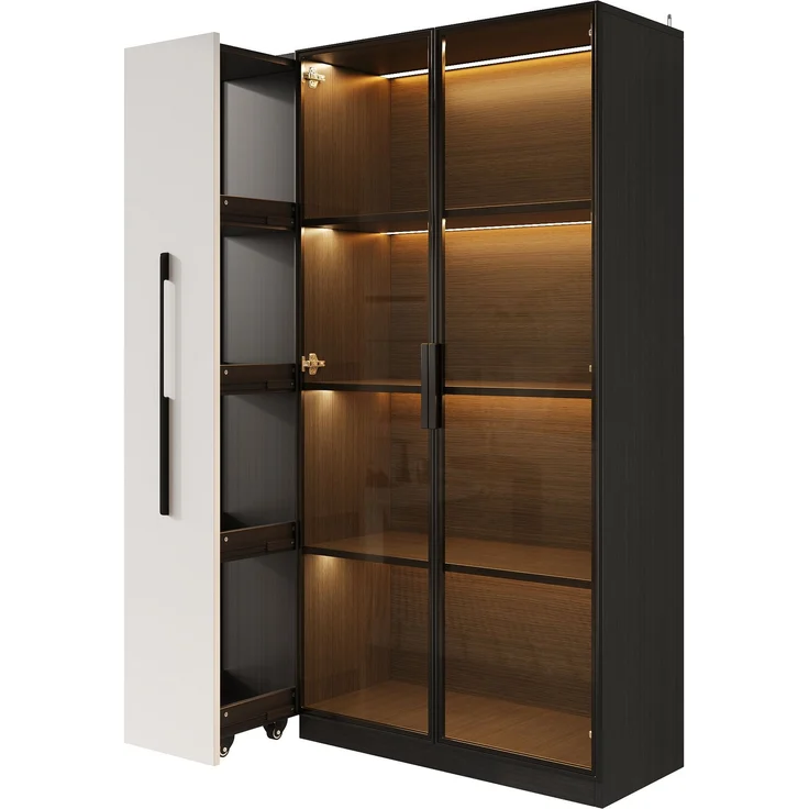 Flieks LED Vitrinenschrank 110.5×35×160 cm, Multifunktionsschrank mit Glasvitrine, Bücherregal & Aufbewahrungsschrank, Rollschrank schwarz & weiß – Bild 4