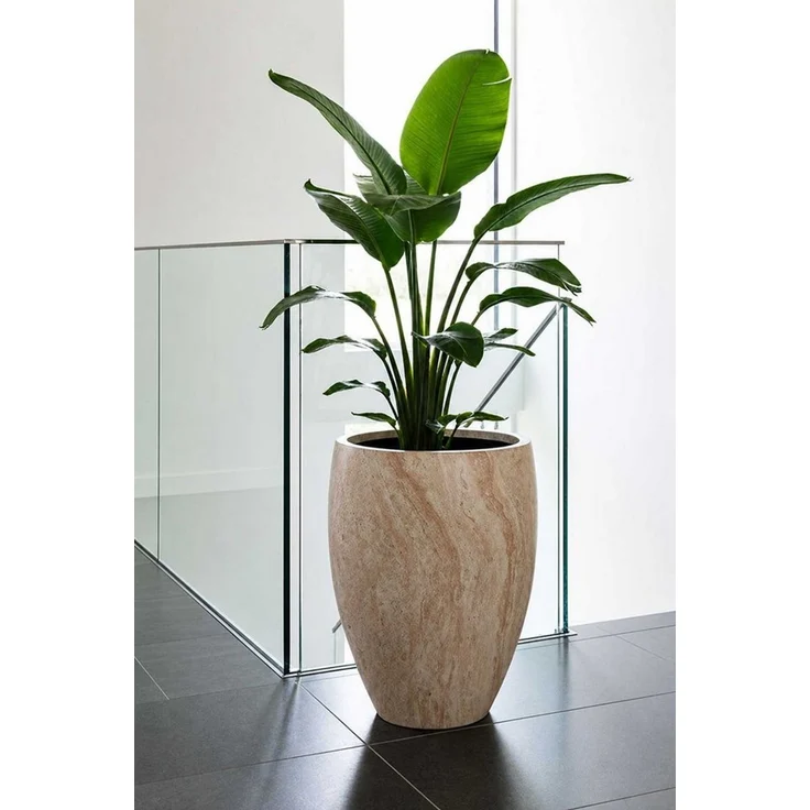 VIVANNO Pflanzkübel Fiberglas OVOLO Rund - Travertin Steinoptik (1 St), 42x55 cm – Bild 3