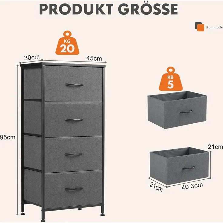 Sweetcrispy Kommode mit 4 Schubladen, Stoff Schubladenschrank, Schmal Schrank, Kommode Schlafzimmer, Industrial Stil für Wohnzimmer, Kinderzimmer, Flur Aufbewahrungsschrank, Hellgrau – Bild 3