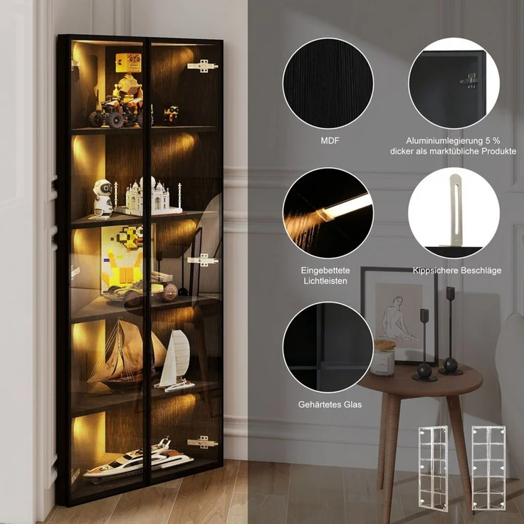 Merax Glasvitrine Eckschrank Eckvitrine mit LED Licht (1-St) Eckvitrine Hochschrank mit 2 Glastüren, Vitrinenschrank, 62 x 35 x 160 cm – Bild 3