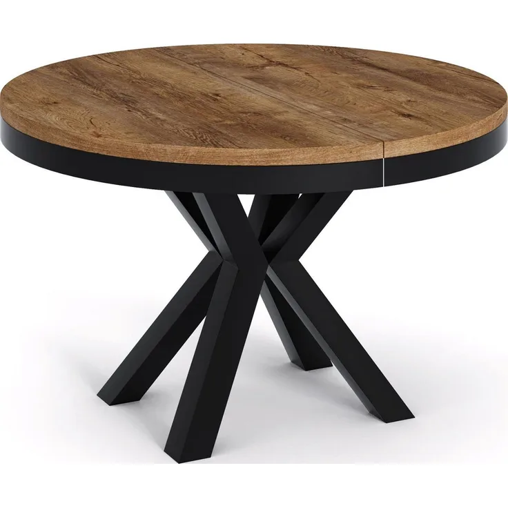 Runder Ausziehbarer Esstisch Weiß - Tisch im Loft-Stil mit Metallbeinen - Industrieller Tisch für Wohnzimmer - Spacesaver - Eiche Lefkas - Schwarz - 100 cm