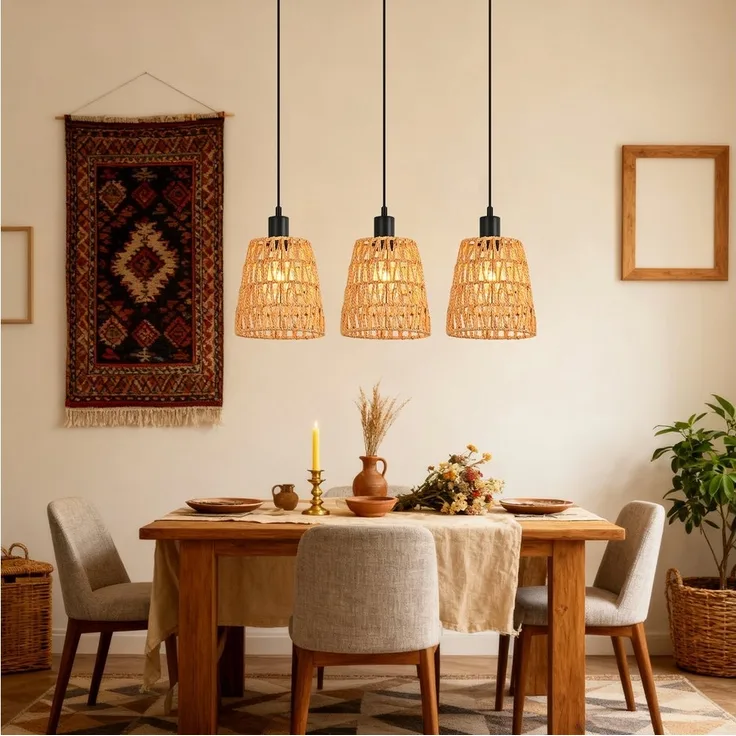 Nettlife Pendelleuchte Retro Boho Hängelampe Rattan höhenverstellbar 1/3 flammige E27, Höhenverstellbar, ohne Leuchtmittel, ob Schlafzimmer Flur Esszimmer Dachboden Küche