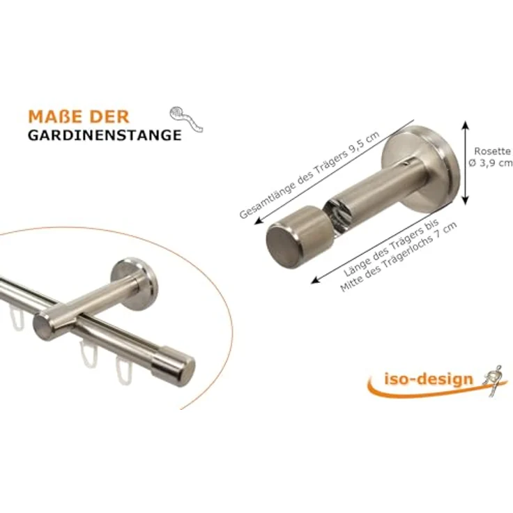 iso-design Gardinenstange Innenlauf 16 mm Farbe Edelstahl Wandabstand 7 cm, Ø 16 mm, 1-läufig, Fixmaß, mit Bohren, Aluminium – Bild 7