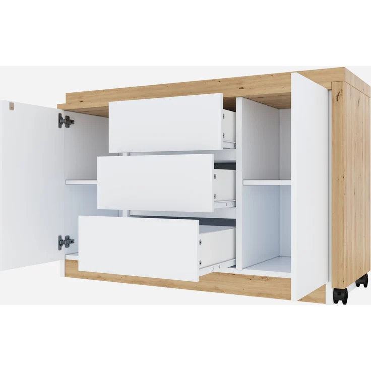 Schreibtisch 120 × 50 × 76,5 cm, drehbar und klappbar, 3 Schubladen, 2 Türen, 2 feststellbare Rollen, 4 cm starke Platte, Spanplatte, Weiß/Eiche – Bild 4