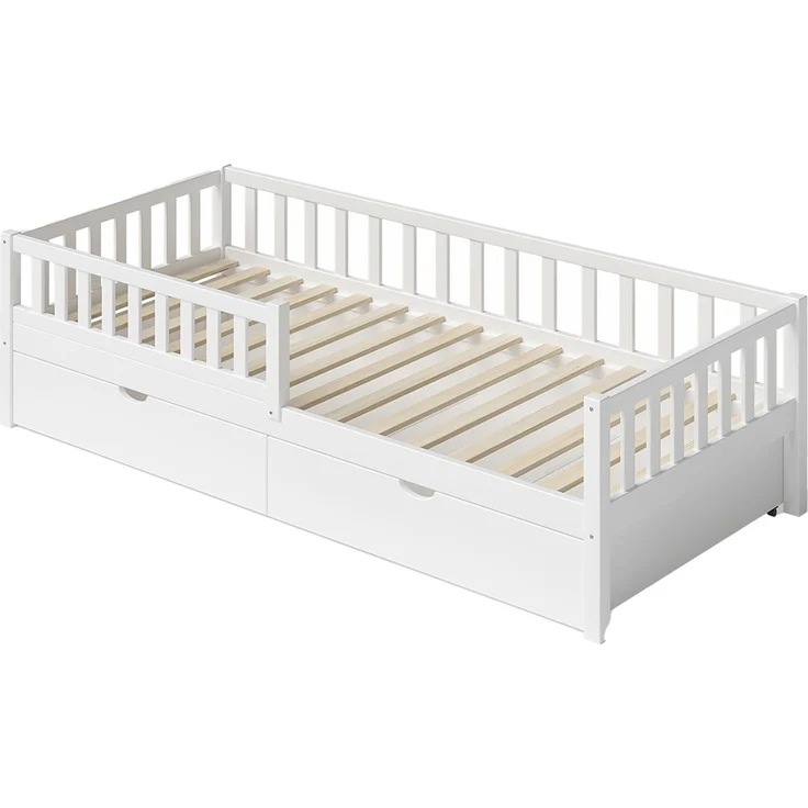 Bellabino 'Vils' Kinderbett 90x200 cm mit großer Schublade, weiß, Kiefer Massivholz, Montessori Bett mit Stauraum, mit abnehmbarem Rausfallschutz und Lattenrost – Bild 2