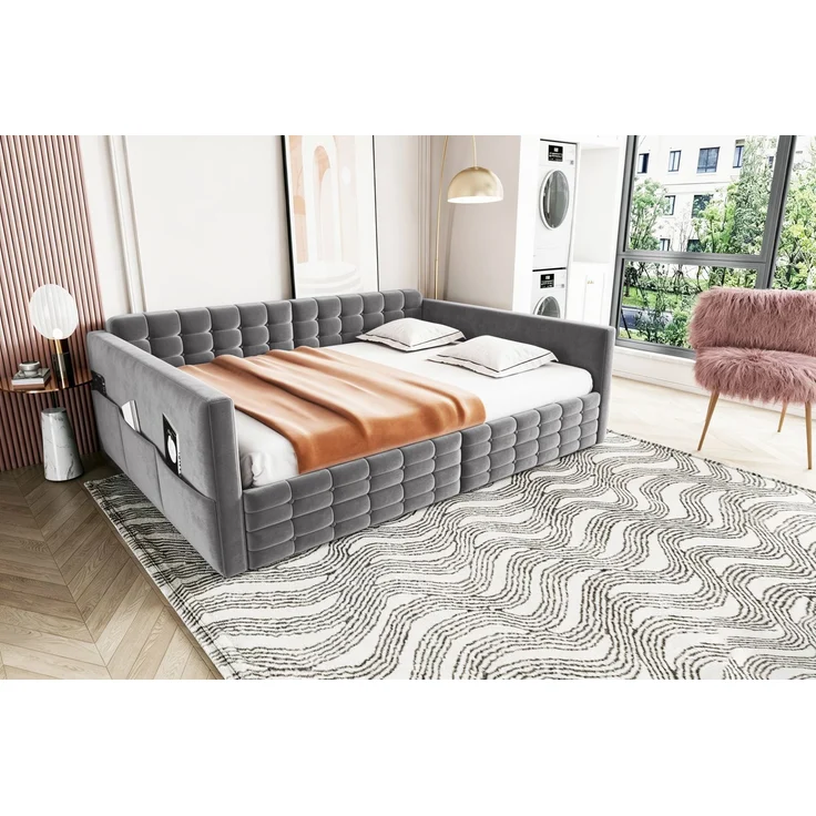EINHOM Polsterbett Schlafsofa 140 x 190 cm, Klassisches Vollflächiges Karomuster, Staufächer an den Bettseiten, Zwei Schubladen unter dem Bett, Gäste oder als Einzelbett, Samtstoff, 140 x 190 cm, Grau, (Ohne Matratze) – Bild 6
