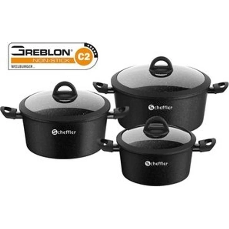 Scheffler Topf-Set 6tlg Induktions Töpfe Set Schwarze Antihaftbeschichtung mit Glasdeckel, Aluminium (Set, 6-tlg, Ø20 2,4L/Ø24 4,4L/Ø28 6,5L Töpfe Set mit Glasdeckel), Induktionsgeeignet – Bild 6