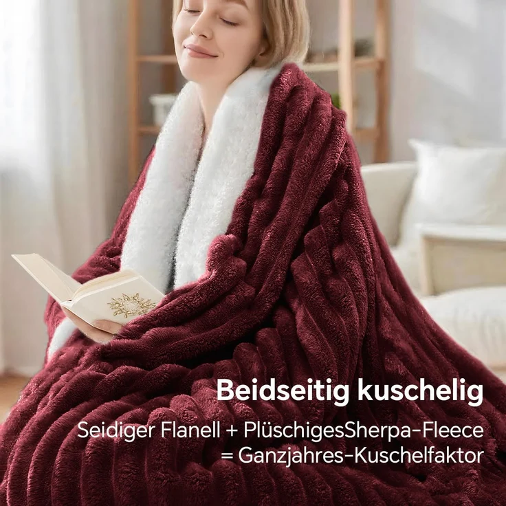 BEDELITE Kuscheldecke Flauschig Decke Groß - Dicke XXL Sherpa Decken Rot 220x240 für Bett, warme Cord Kuscheldecken Burgunderrot weiche Fleecedecke Wohndecke als Tagesdecke für Schlafzimmer – Bild 6