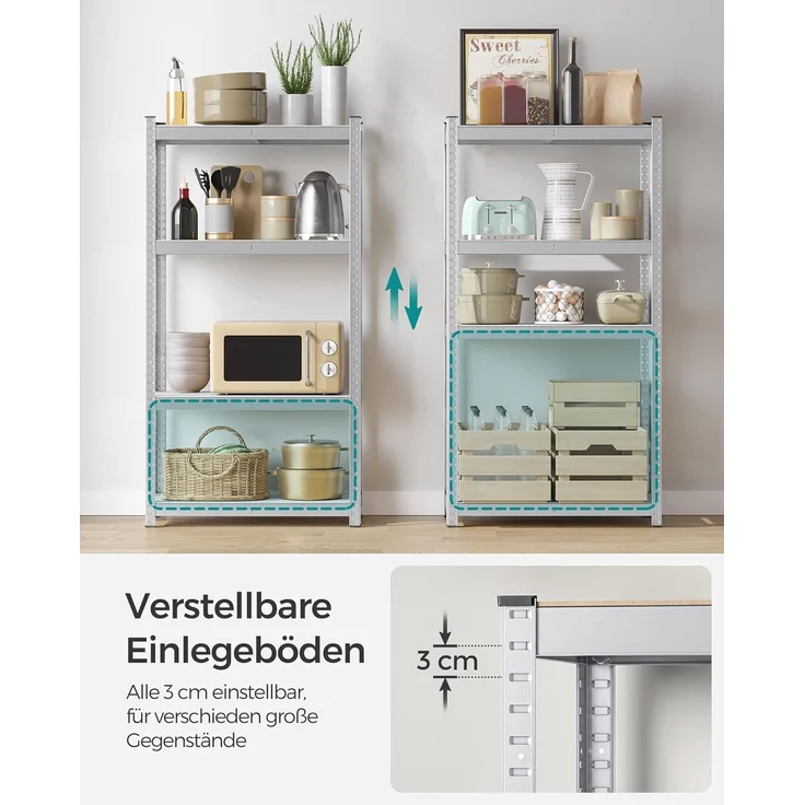 Songmics Schwerlastregal, 2er Set, Kellerregal, Lagerregal, 40 x 80 x 160 cm, Regal mit Stahlgestell, bis 520 kg belastbar, 4 verstellbare Ablagen, silbern GLR044E02 – Bild 5