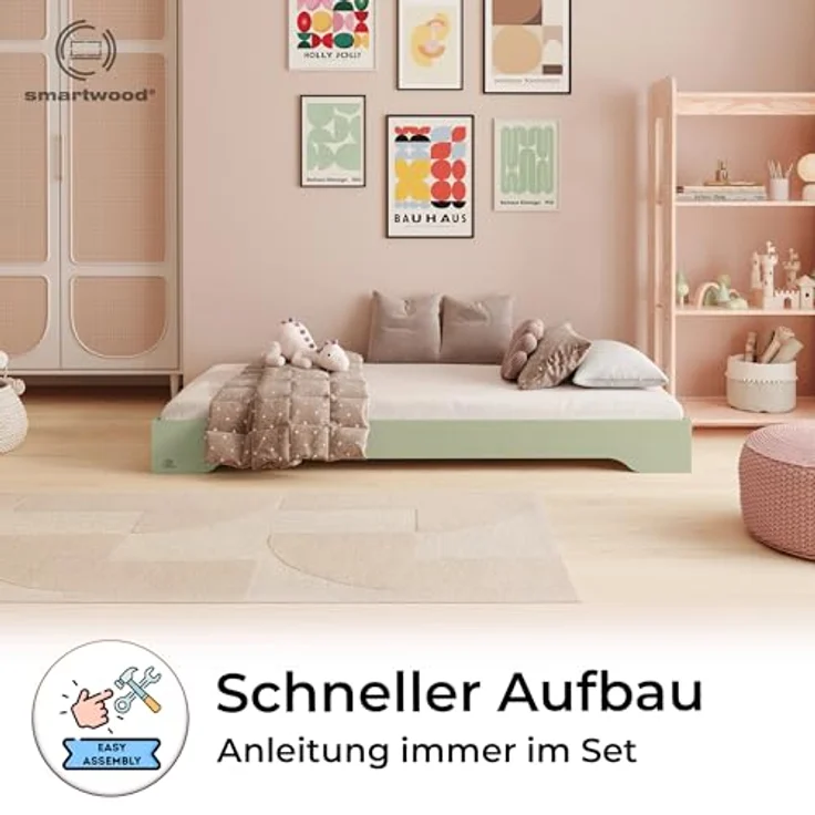 smartwood Kinderbett 100x200 Grün - Bodenbett aus Kiefernholz mit FSC-Zertifikat - Montessori Bett mit gebogenem Lattenrost bis zu 230 kg für Jungen und Mädchen - Einfache Montage - TILA 7 – Bild 4