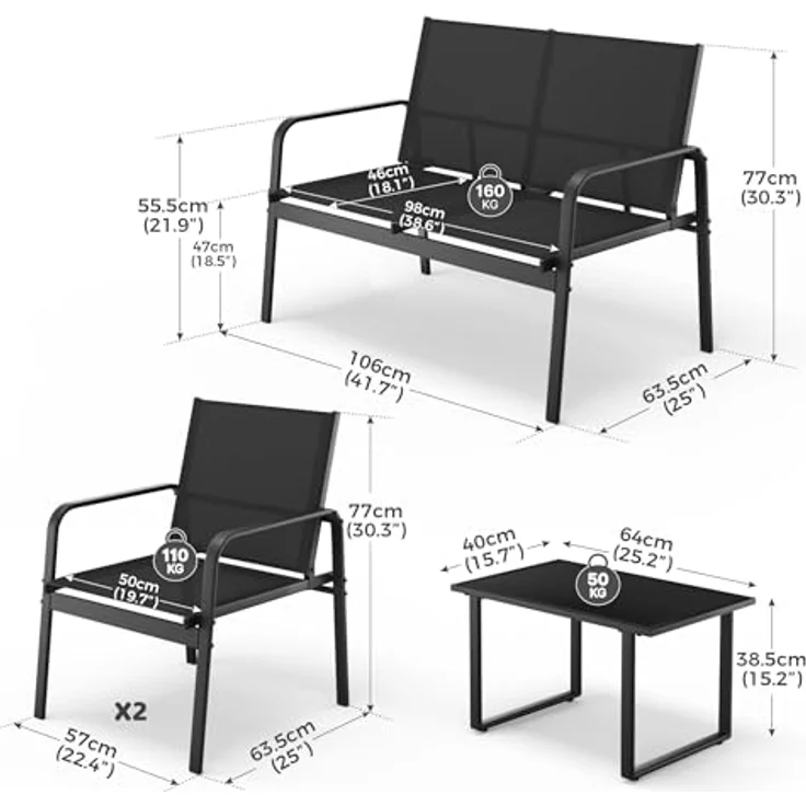 Mondeer Gartenmöbel Set, Balkon Möbel Set 4-TLG mit Armlehnen, Terrassenmöbel mit Tisch Sofa und 2 Stühlen, Textilene, für Garten Balkon Außen, Schwarz – Bild 4