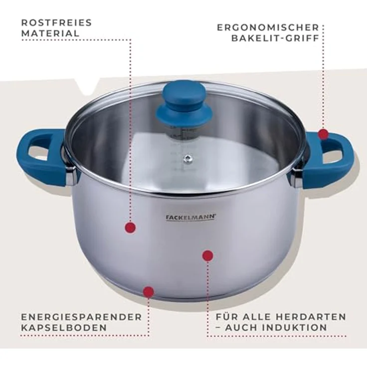 Fackelmann Kochtopf Essential Ø 24 cm aus Edelstahl – Modernes Design, ergonomische Softtouch-Griffe, für alle Herdarten geeignet, Blau – Bild 3