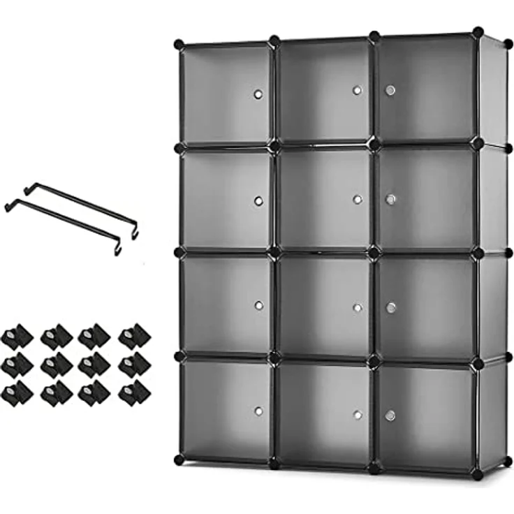Mondeer Kleiderschrank, Steckregal Kunststoff, Garderobe Schrank Steckregalsystem, mit 2 Kleiderstange, DIY Modular Schrank für Platzsparende, Grau - 110 x 37 x 145 cm (B/T/H) – Bild 2